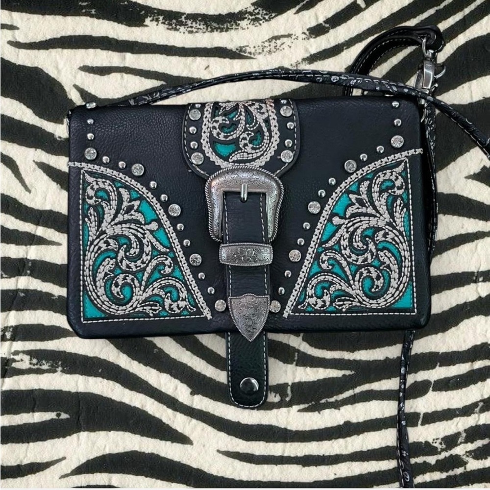 Black and Teal Embroidered Women's Bag